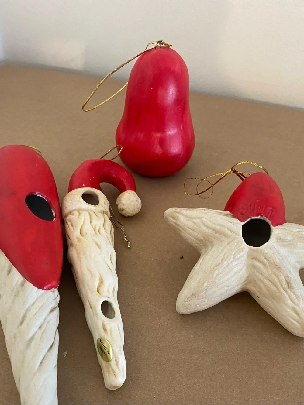 Vintage set of 4 Santa Ornaments - star, bell and icicle shapes, Belsnickle, red
